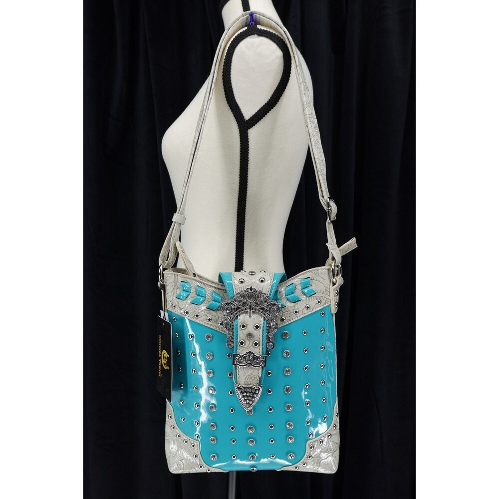 Cowgirl Trendy NWT Western Metal Trim & Buckle Rhinestone Crossbody Bag Size L